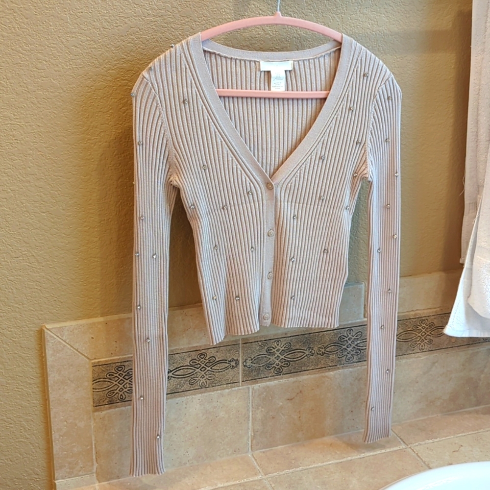 H&M Light Tan Embellished Cropped Sweater Cardigan S